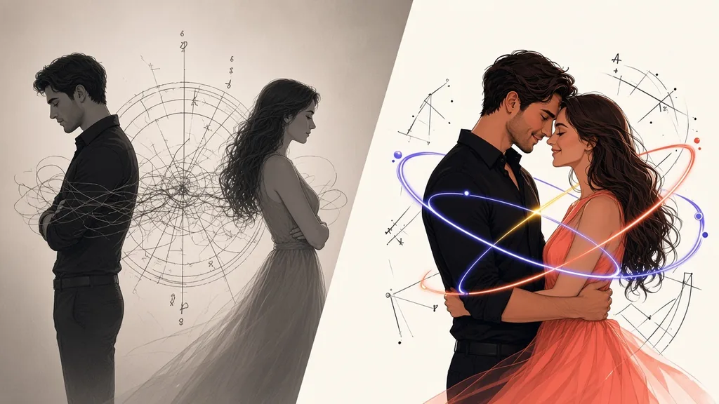 Illustration: a couple standing apart in grey, then together in colour